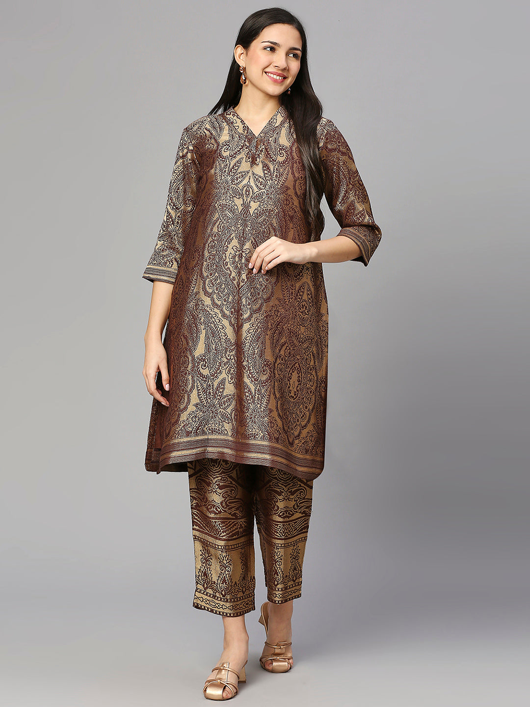 Brocade Brown Leaf Motif Design Kurta