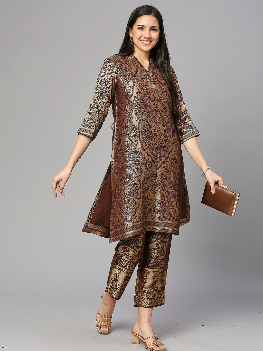 Brocade Aqua Gold Leaf Motif Design Kurta