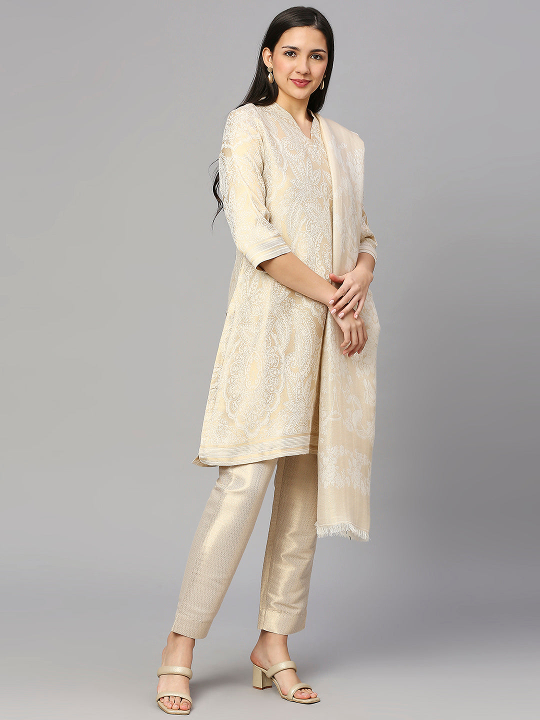 Brocade Brown Leaf Motif Design Kurta