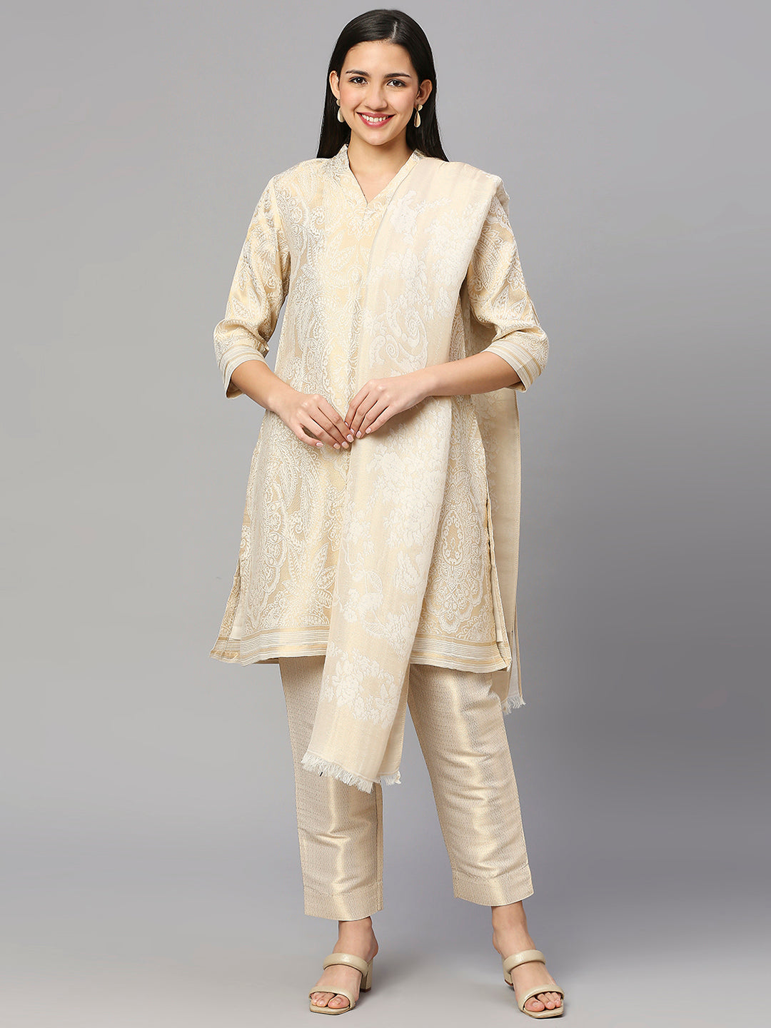 Brocade Brown Leaf Motif Design Kurta