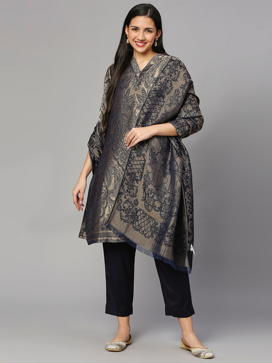 Brocade Navy Motif Design Kurta Set