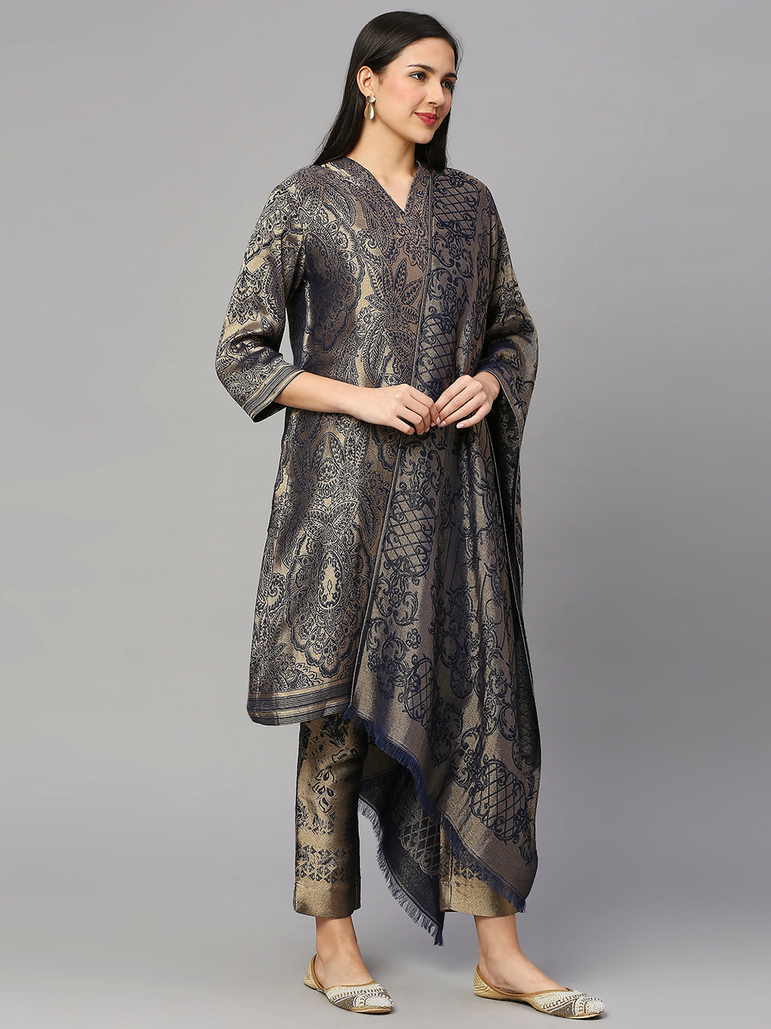 Brocade Navy Blue Leaf Motif Design Kurta