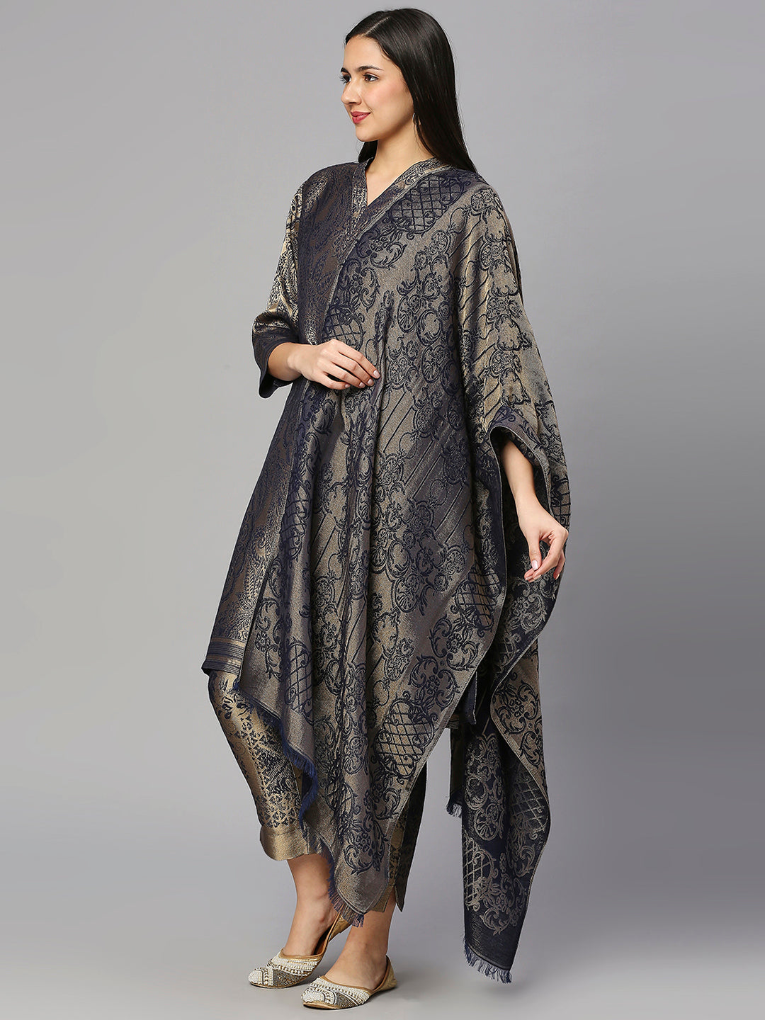 Brocade Navy Blue Leaf Motif Design Kurta Set