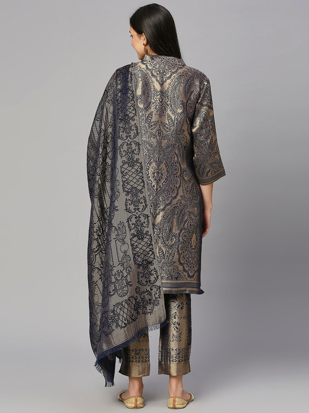 Brocade Aqua Gold Leaf Motif Design Kurta