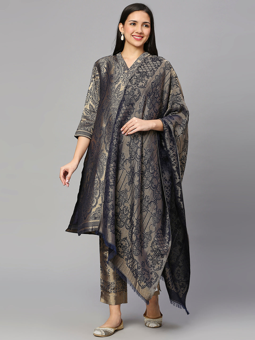 Brocade Navy Motif Design Kurta Set