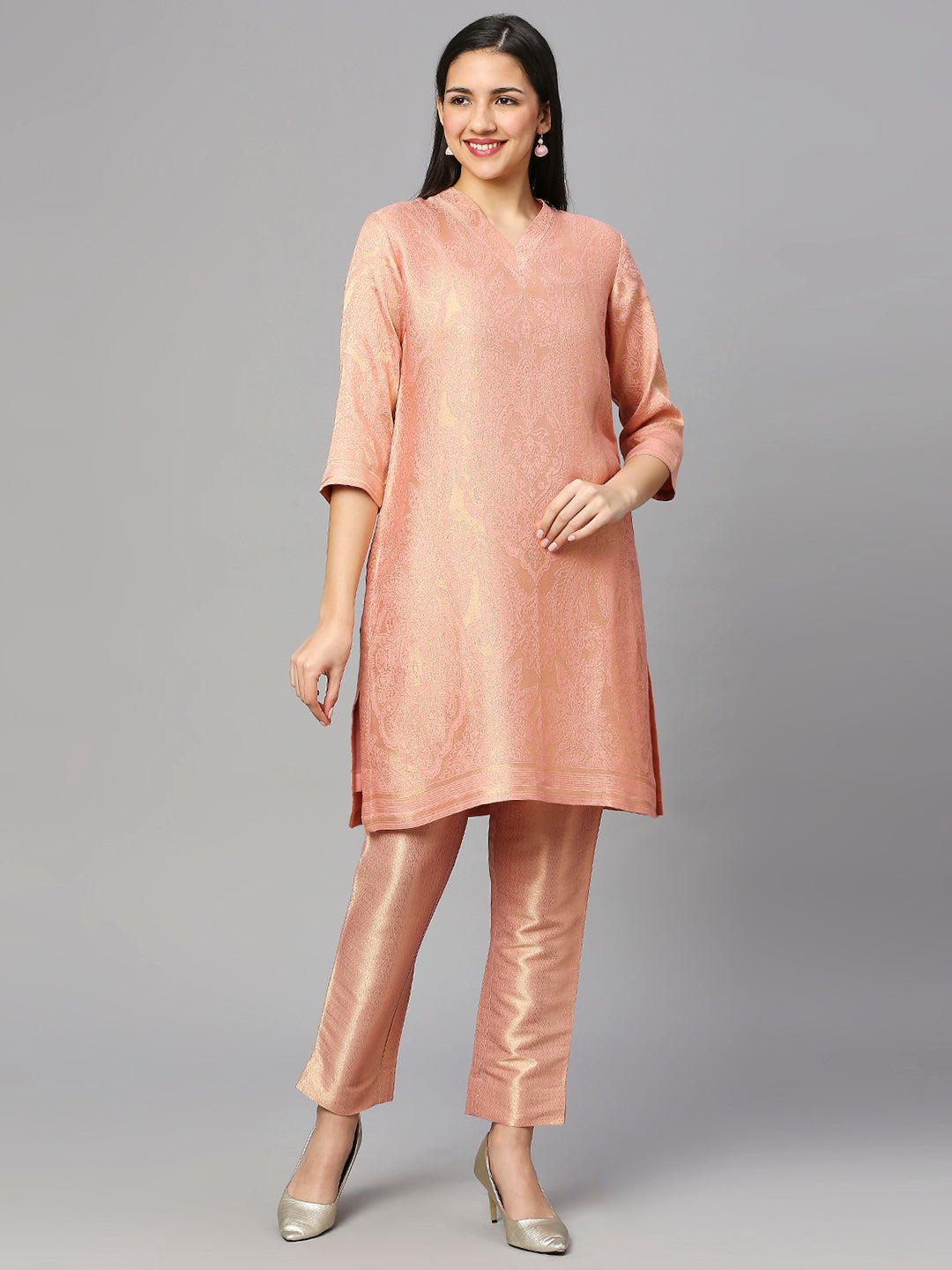 Brocade Aqua Gold Leaf Motif Design Kurta