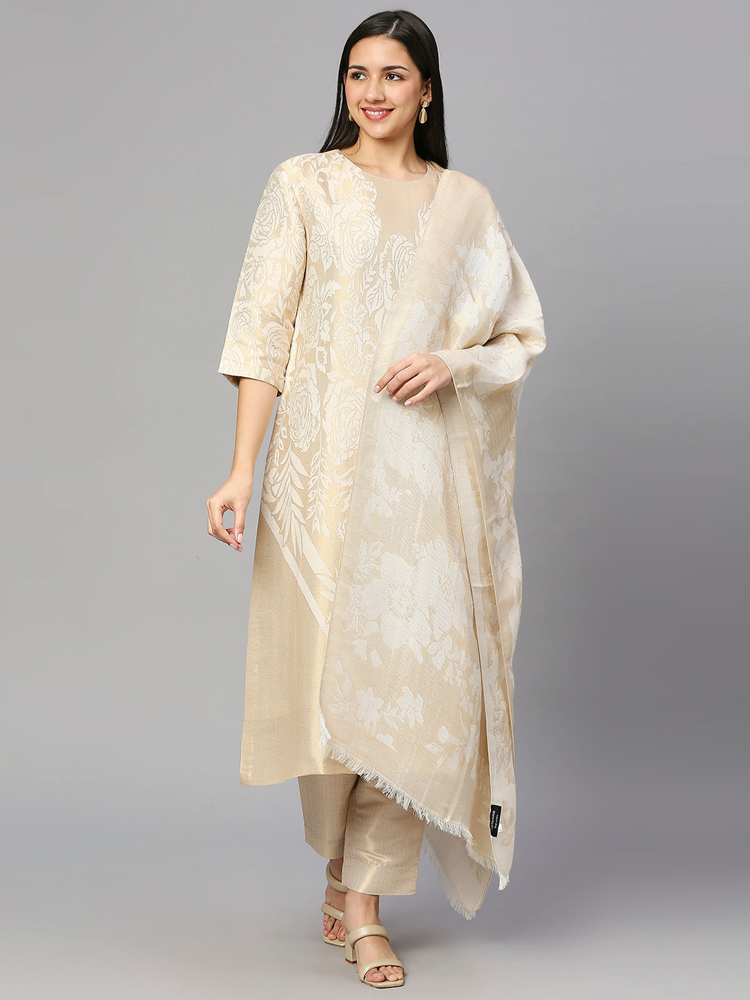 Brocade Off white Floral Kurta Set