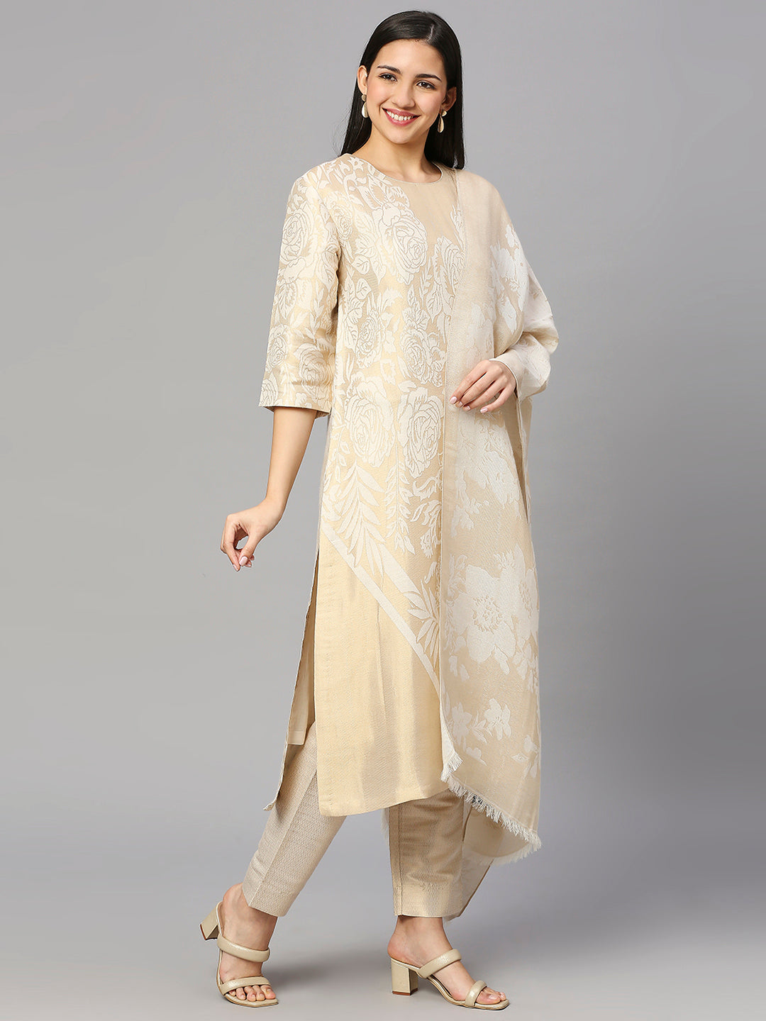 Brocade Lime Gold Rose & Petal Design Kurta