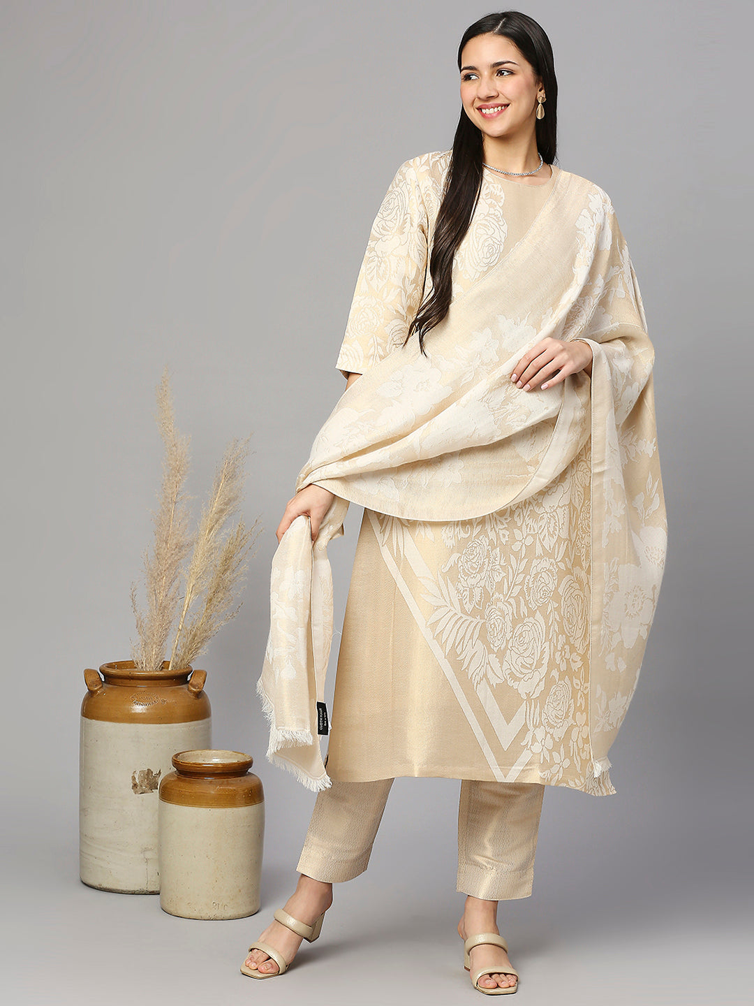 Brocade Off white Floral Kurta Set