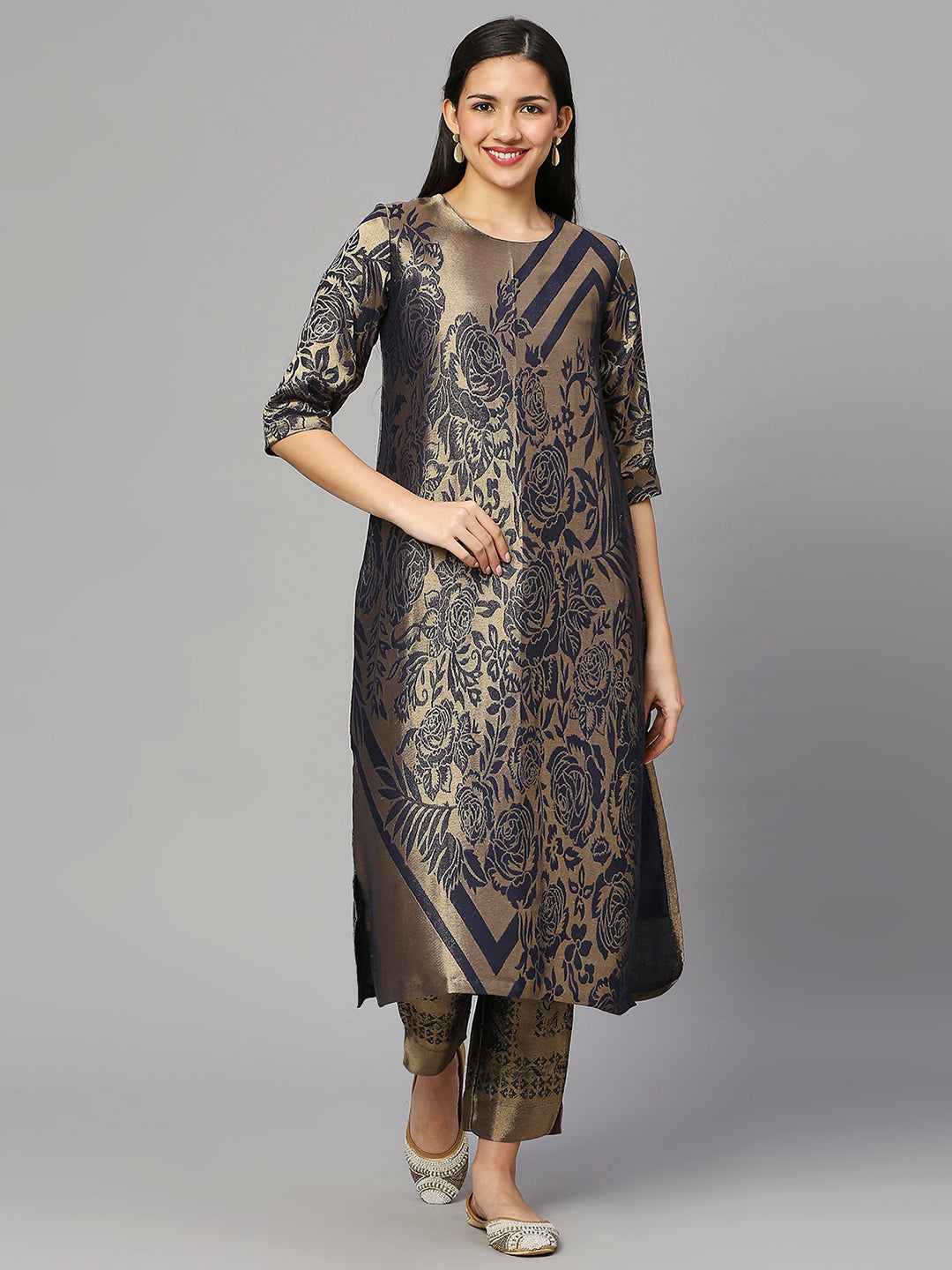 Brocade Lime Gold Rose & Petal Design Kurta