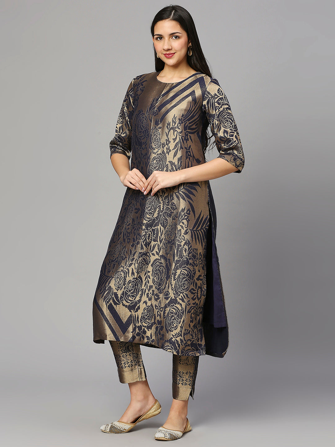Brocade Navy Floral Kurta