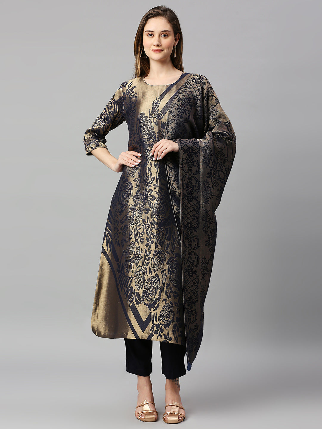 Brocade Navy Floral Design Kurta Set