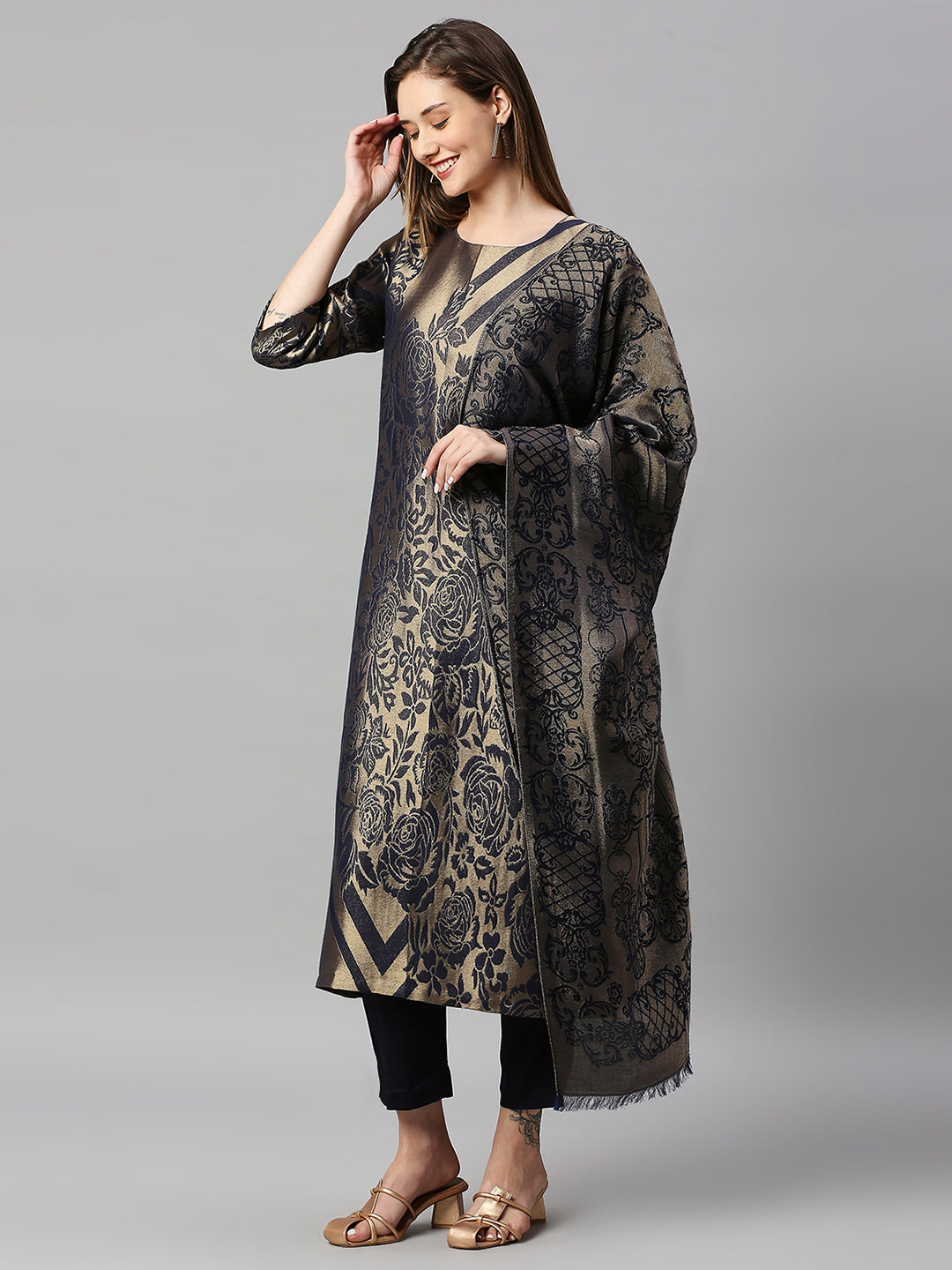 Brocade Navy Floral Design Kurta Set