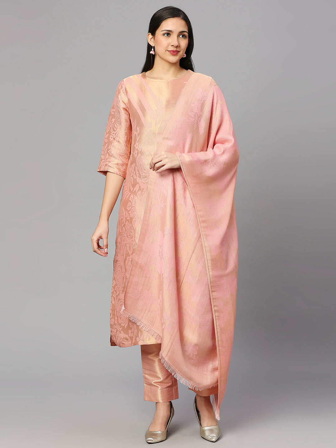 Brocade Pink Floral Design Kurta Set