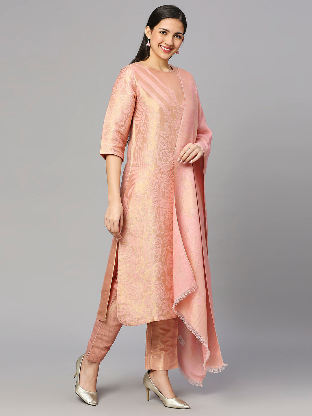 Brocade Pink Rose & Petal Design Kurta