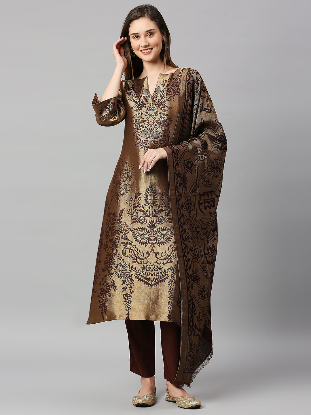 Brocade Brown Ornamental Kurta Set
