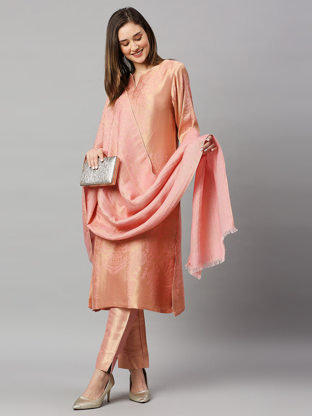 Brocade Peach Ornamental Kurta Set