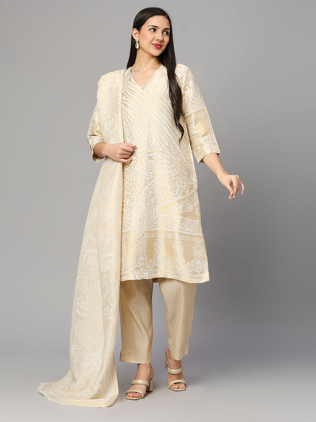 Brocade Off White Paisley Design Kurta