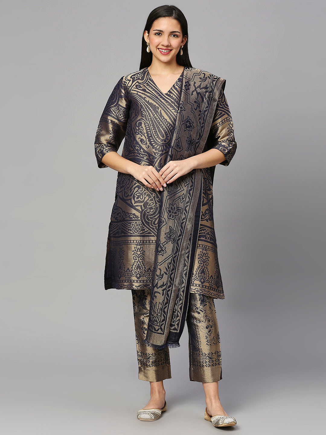 Brocade Navy Blue Enlarged Paisley Design Kurta Set