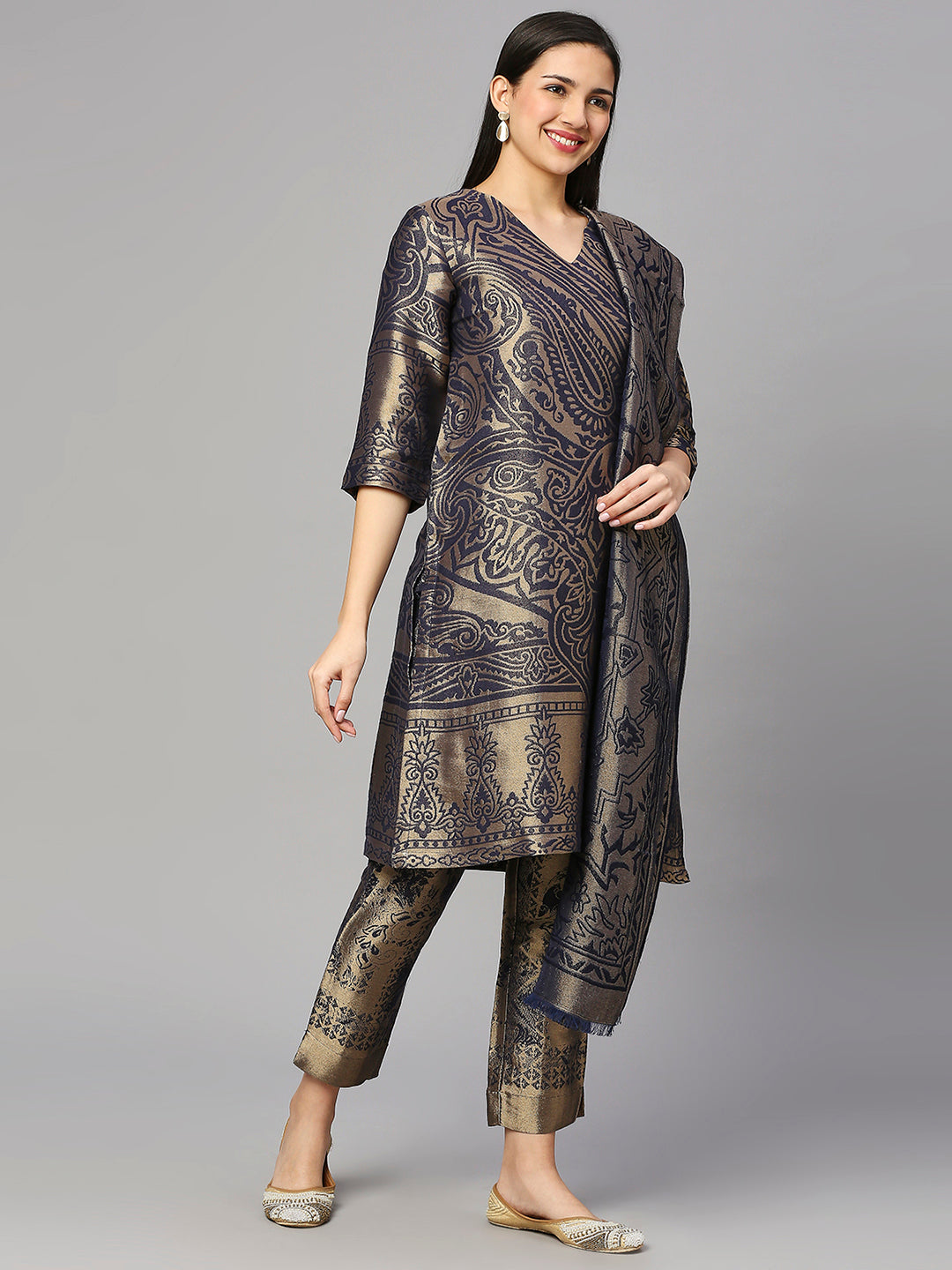 Brocade Navy Blue Enlarged Paisley Design Kurta Set