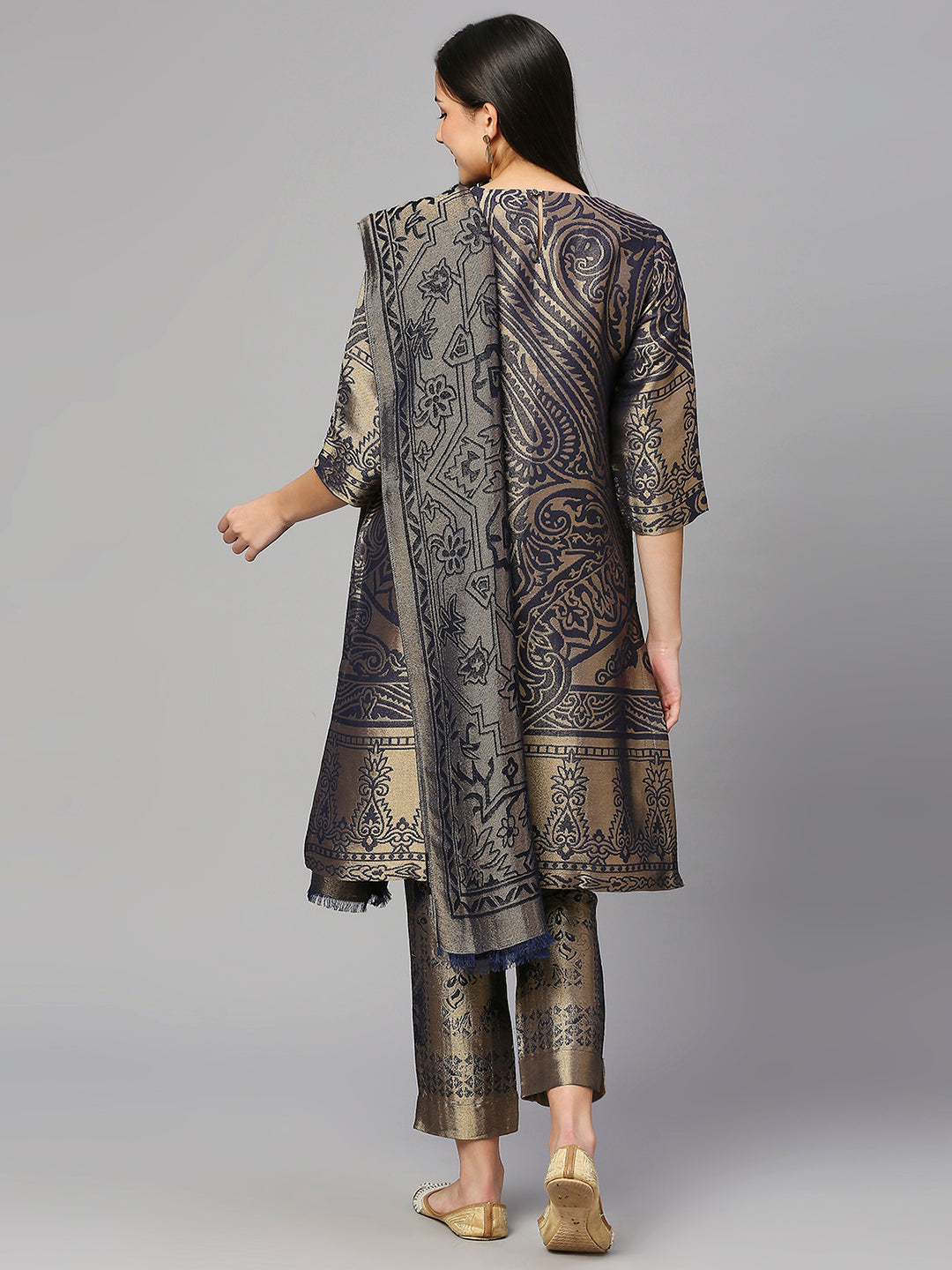 Brocade Navy Blue Enlarged Paisley Design Kurta Set