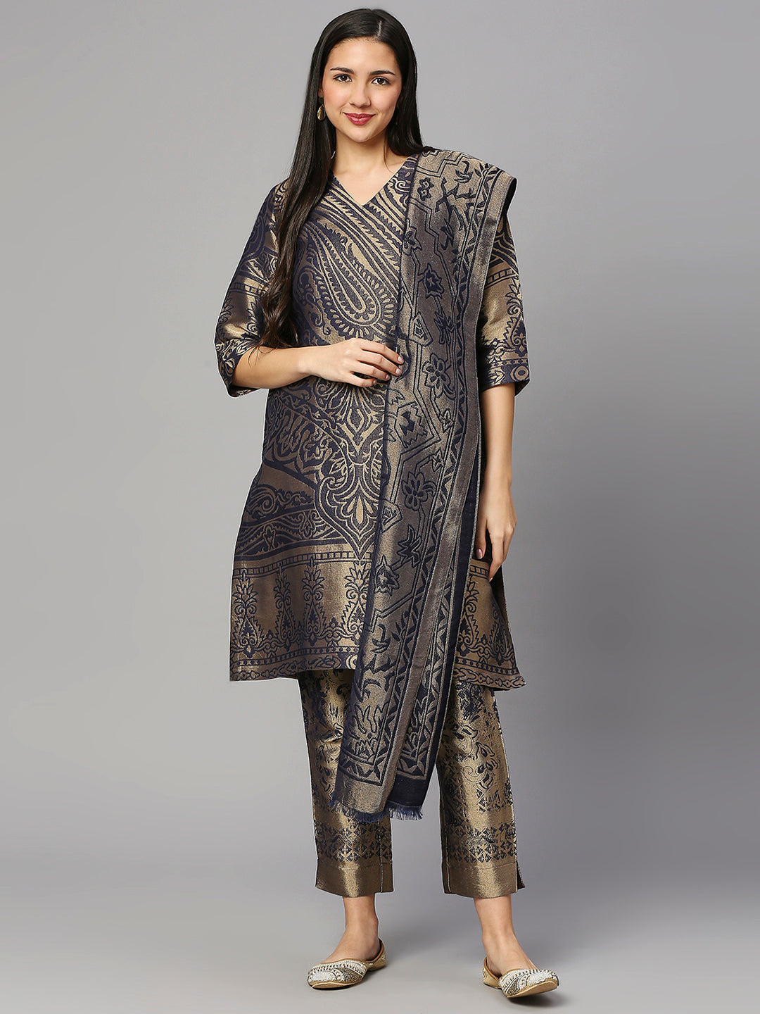Brocade Navy Blue Enlarged Paisley Design Kurta Set
