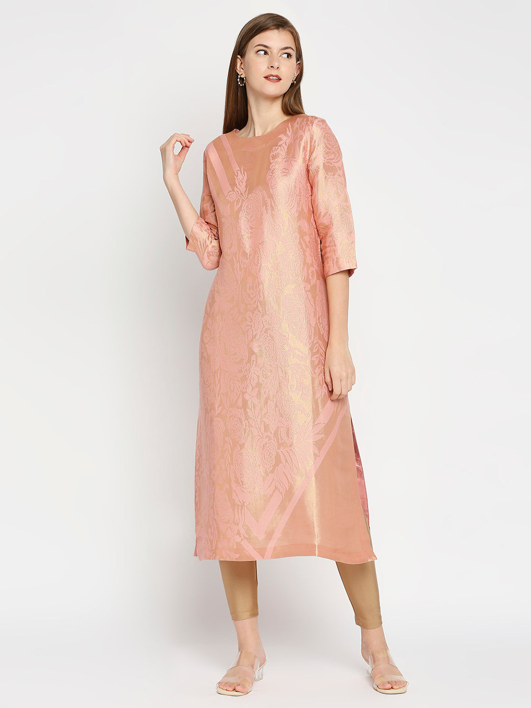 Brocade Pink Rose & Petal Design Kurta