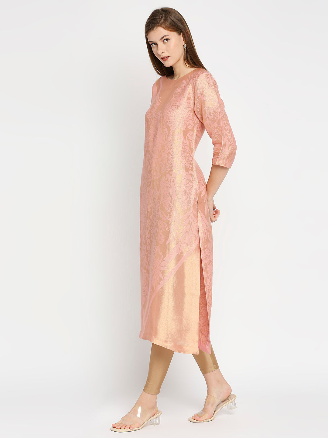 Brocade Pink Rose & Petal Design Kurta