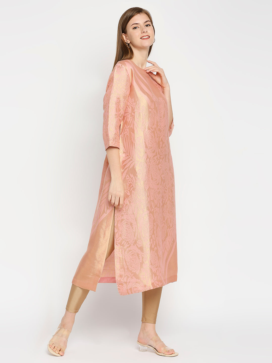 Brocade Pink Rose & Petal Design Kurta