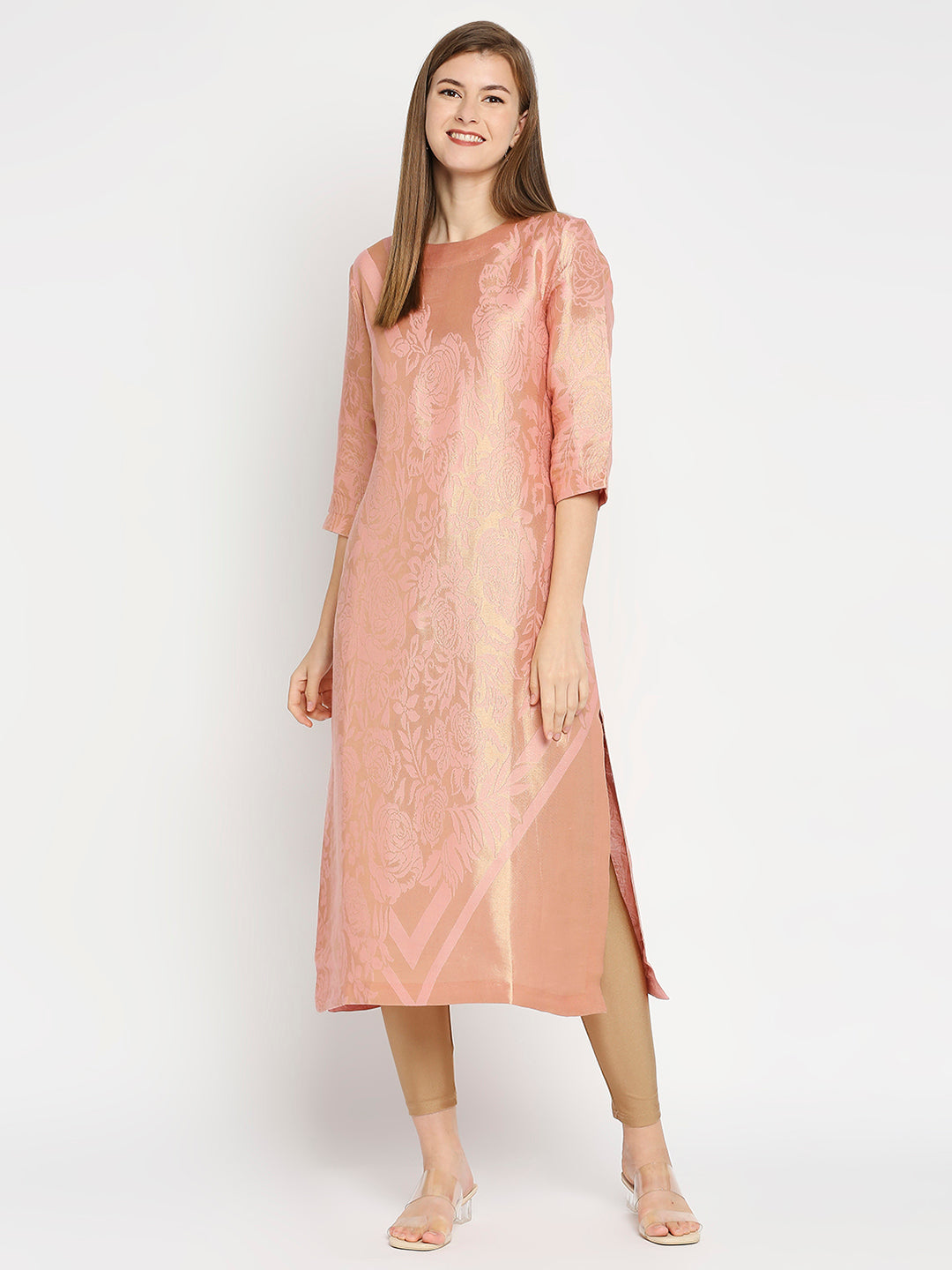 Brocade Pink Rose & Petal Design Kurta