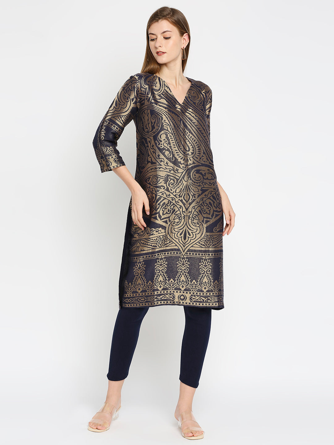 Brocade Navy Blue Enlarged Paisley Design Kurta