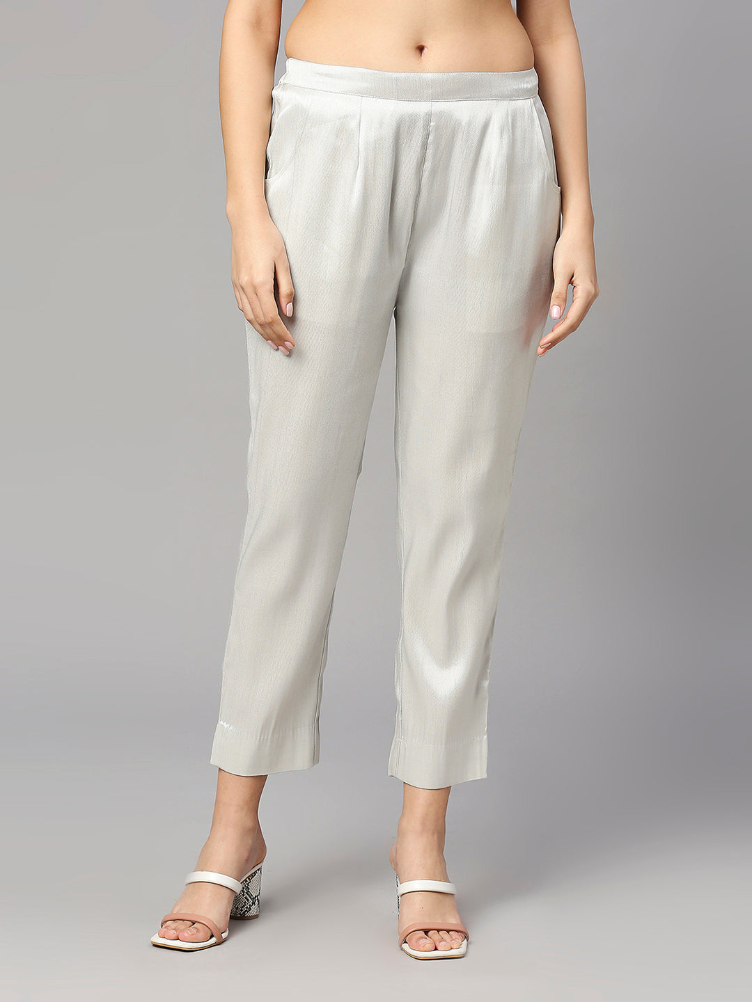White Silver Plain Weave Brocade Pant