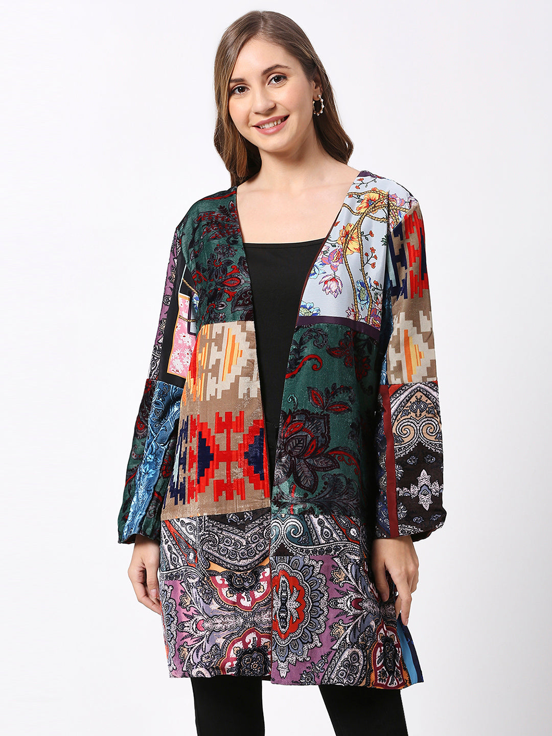 Multicolor Velvet Real Patchwork Kimono