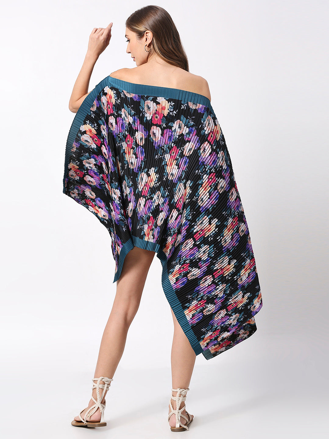 Black & Teal Floral Pleated Poncho