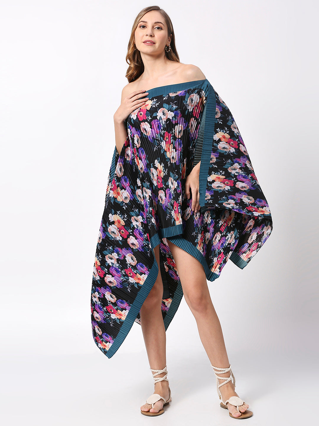 Black & Teal Floral Pleated Poncho