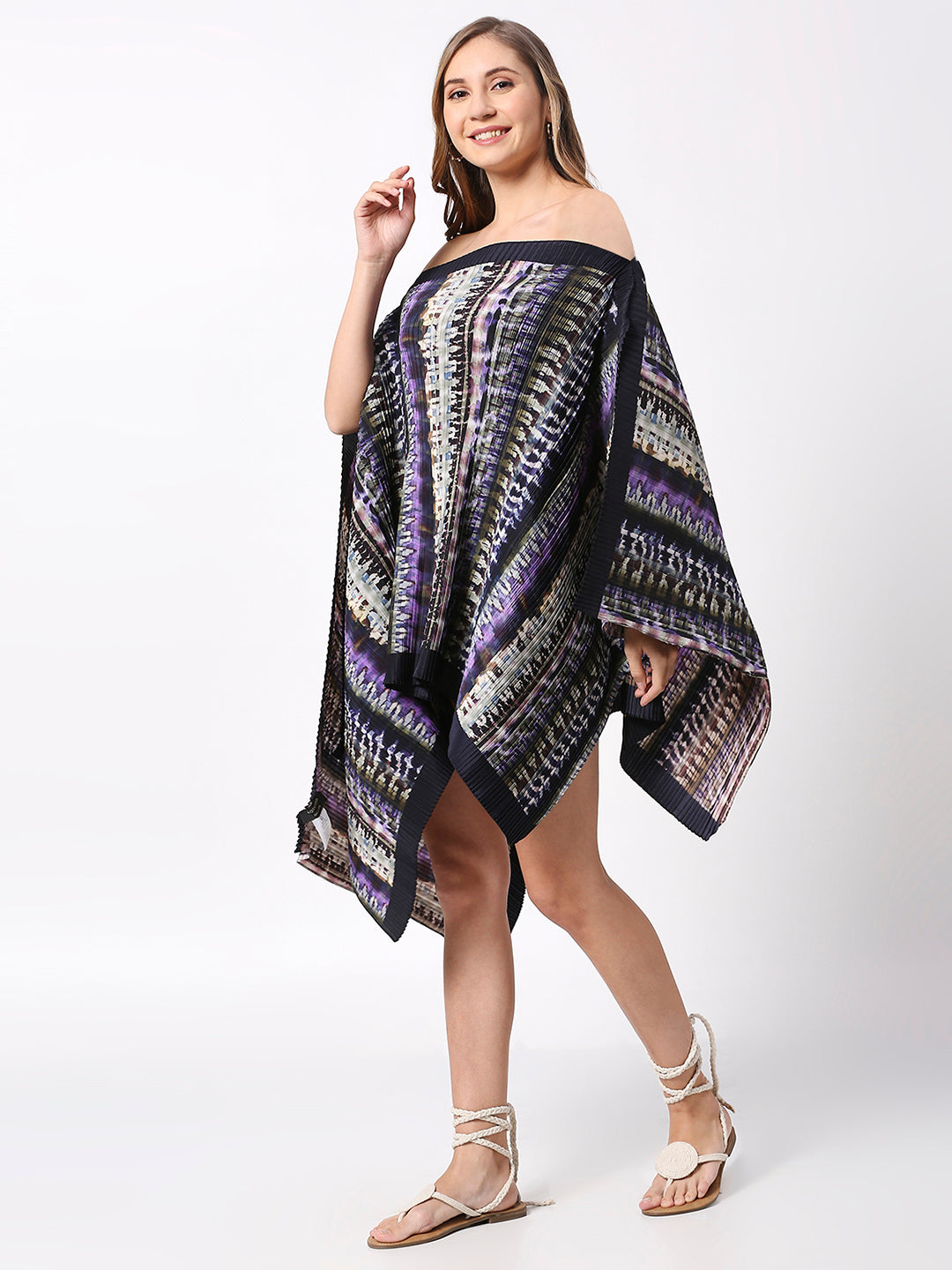 Blue Tie-Dye Printed Pleated Poncho