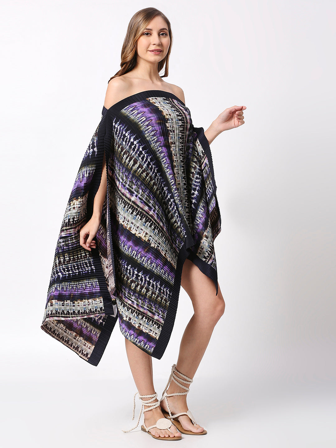 Blue Tie-Dye Printed Off Shoulder Pleated Poncho