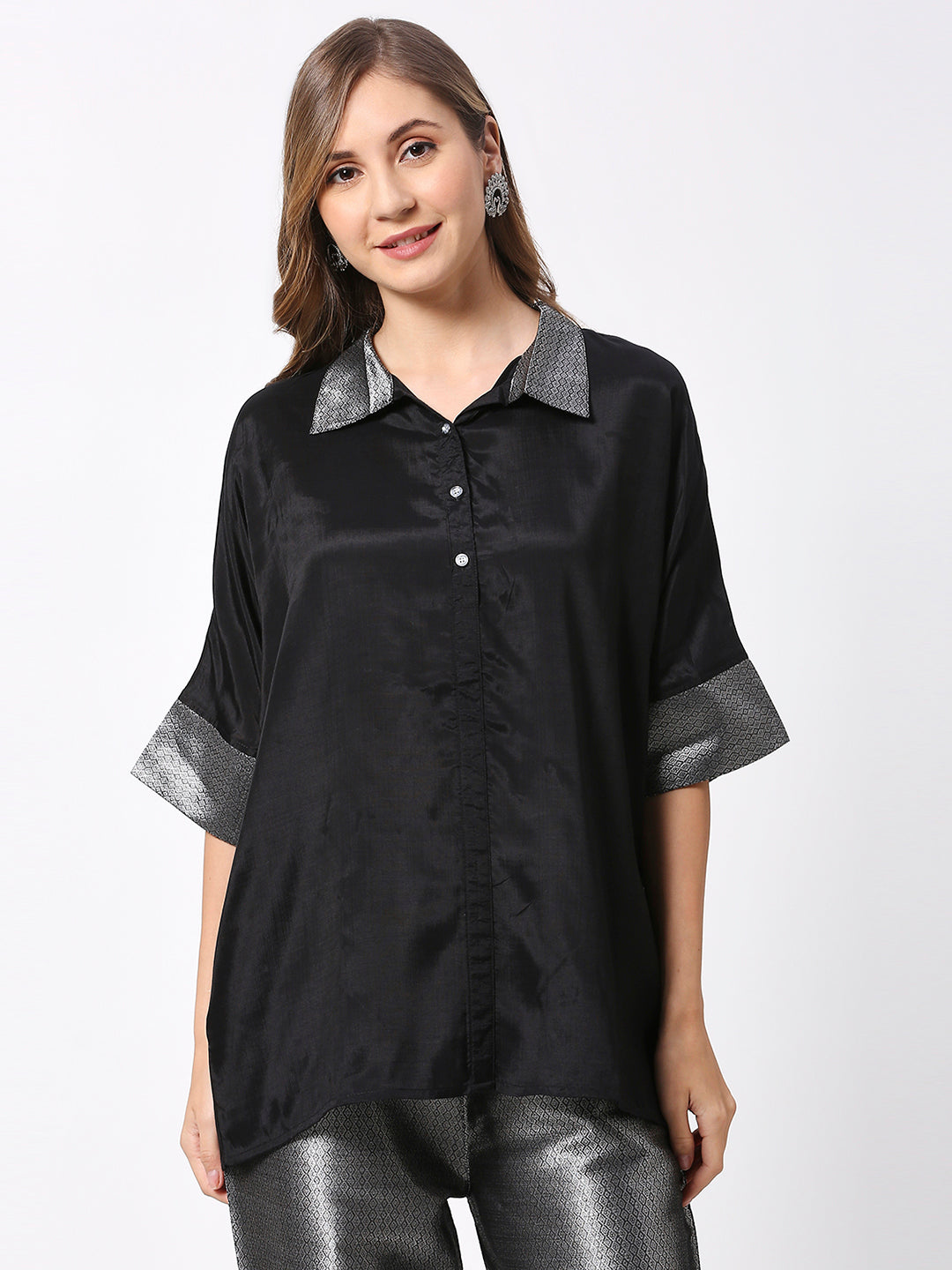 Black Viscose Brocade Trims Top