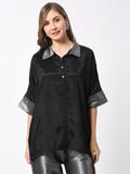 Black Solid Viscose Top with Silver Brocade Trims
