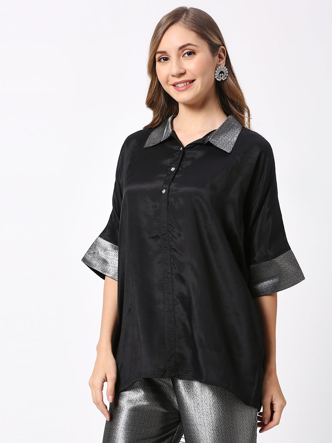 Black Viscose Brocade Trims Top