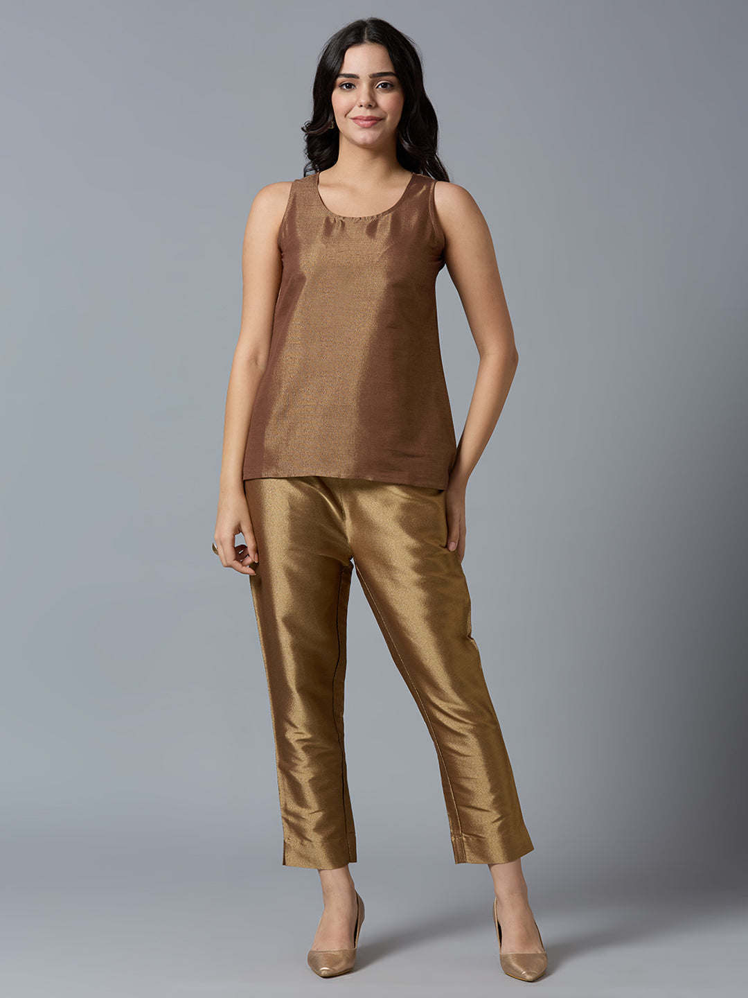 Brown Gold Brocade Sleeveless Top