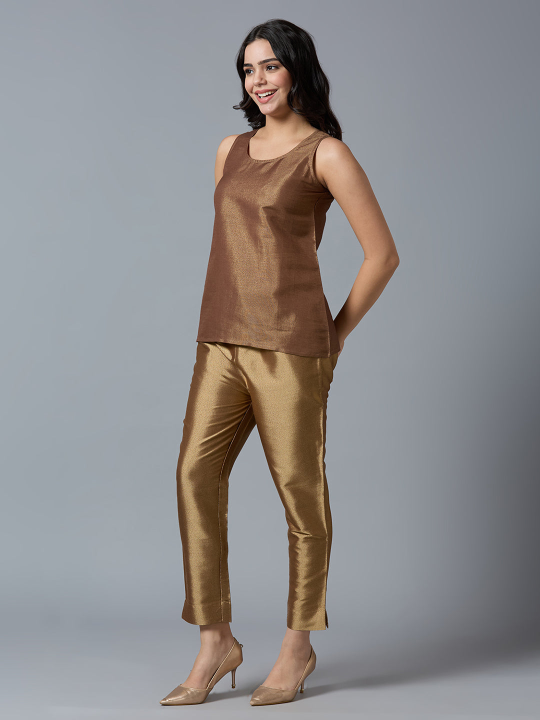 Brown Gold Brocade Sleeveless Top