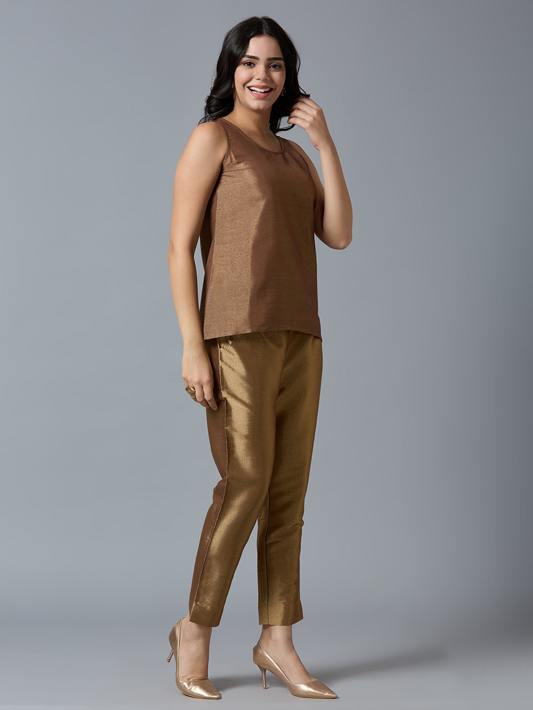 Brown Gold Brocade Sleeveless Top