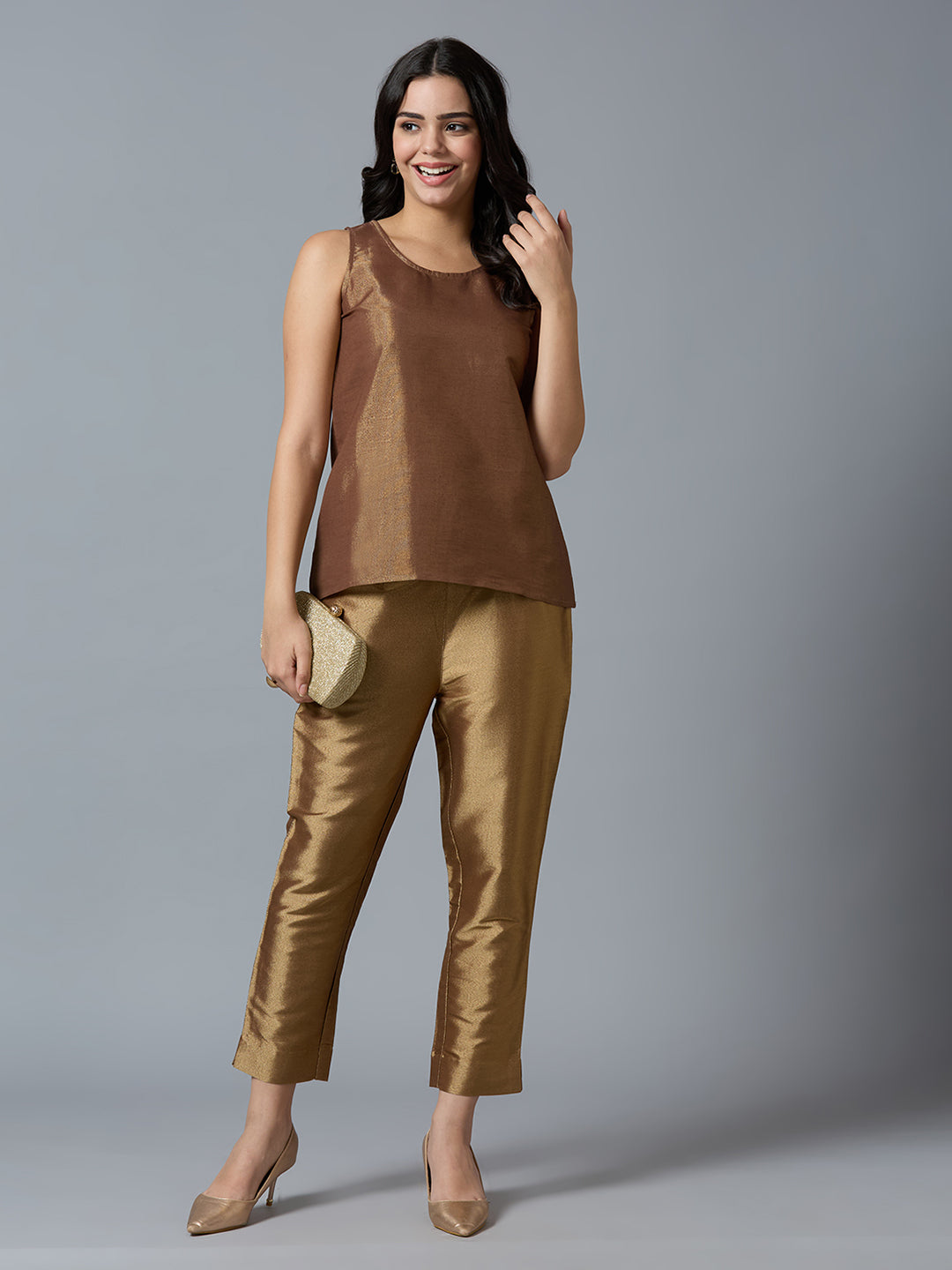 Brown Gold Brocade Sleeveless Top