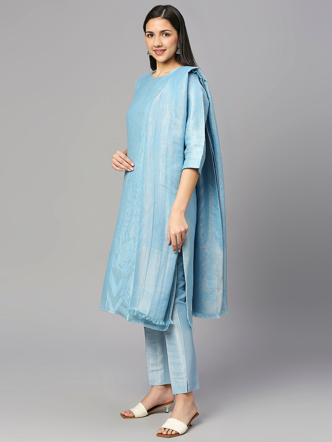 Brocade Floral Design Blue Kurta Set