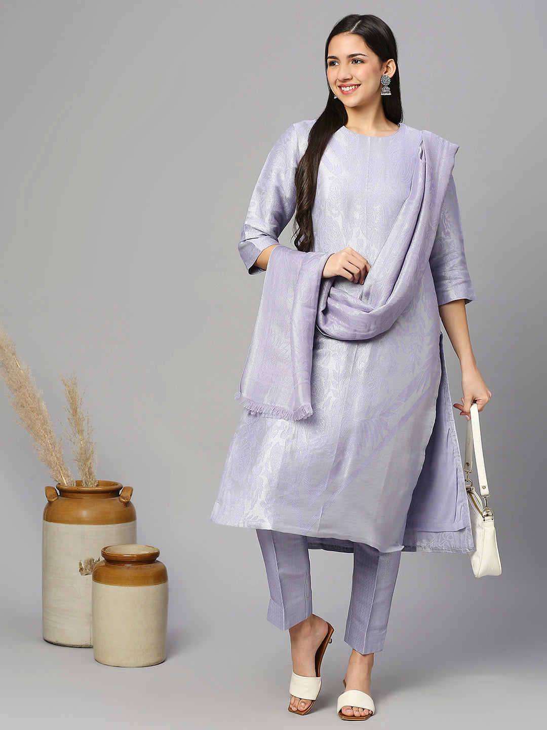 Floral Design Lavender Silver Brocade Kurti