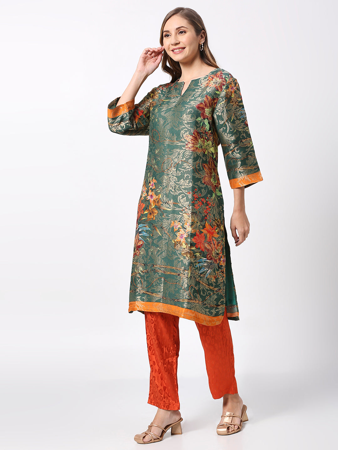 Green Floral Design Brocade Kurta