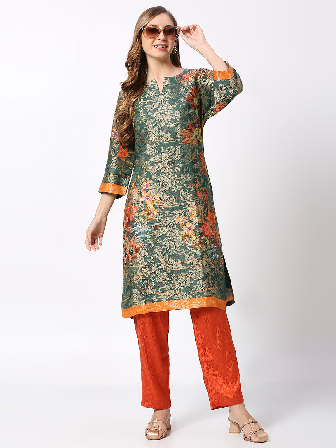 Green Floral Design Brocade Kurta