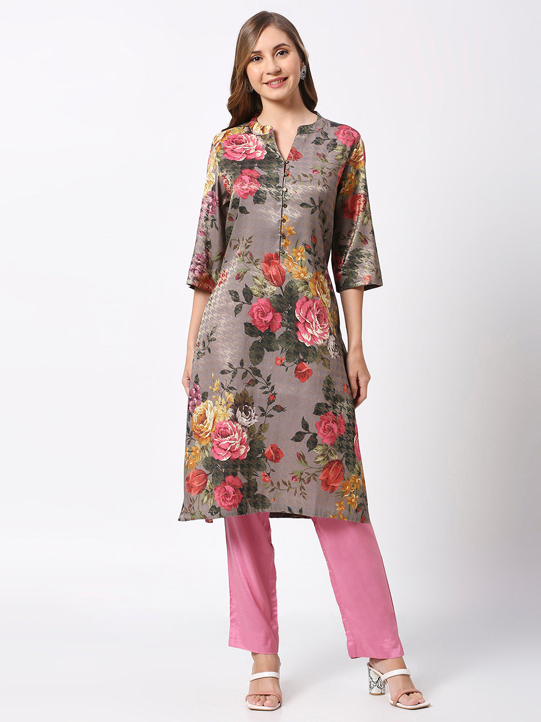 Grey Floral Metallic Kurta