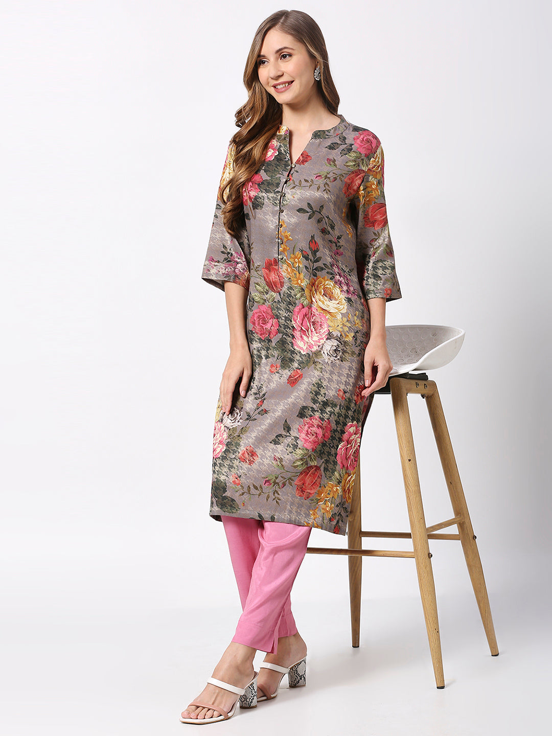 Grey Floral Metallic Kurta